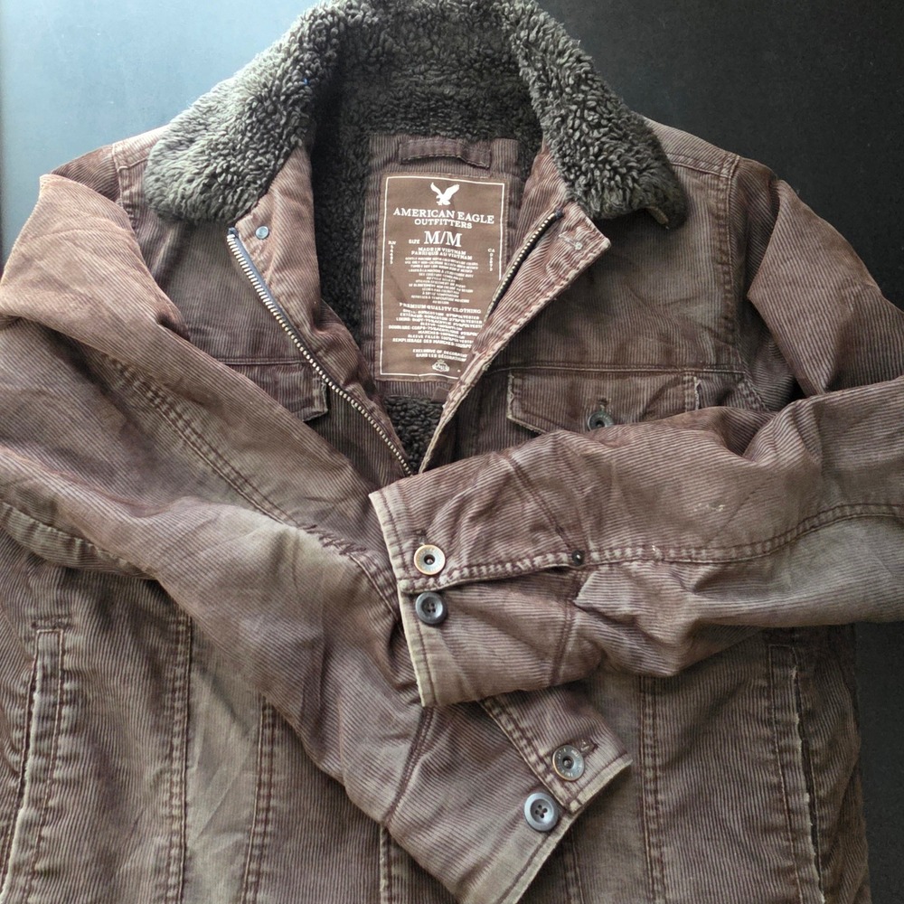 American Eagle Corduroy Jacket Mens M Brown Sherpa Lined Trucker Vintage Style